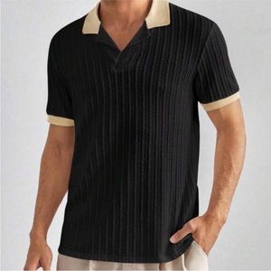 Men’s Black / tan cable knit short sleeve polo tee shirt